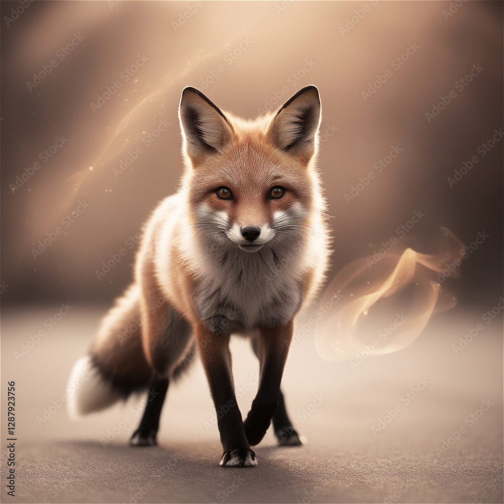 Fototapeta premium Majestic fox with glowing fantasy elements. fox standing gracefully, surrounded by soft glowing light 
