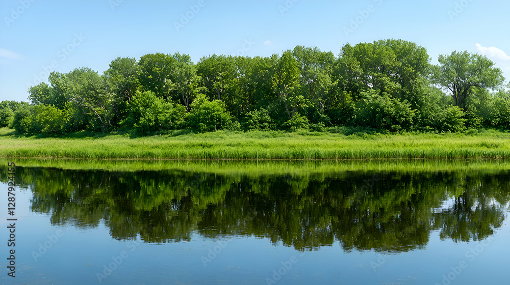 Summer Landscape with Green Trees Reflected in Calm Water Summer Landscape with Green Trees Reflected in Calm Water