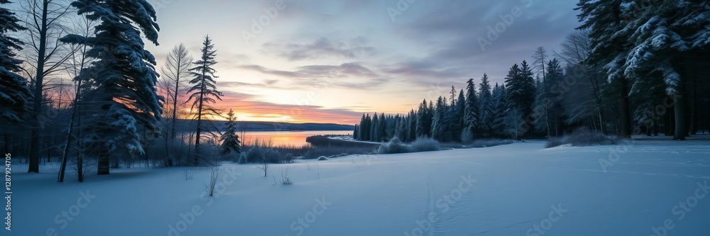 Winter sunset casting a warm glow over a peaceful forest lake, with snow-covered trees lining the shore, serene, forest, cold