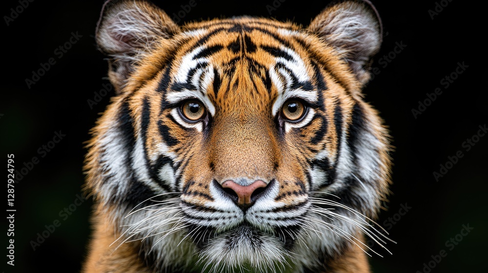 Fototapeta premium Majestic tiger portrait, dark background, wildlife, conservation