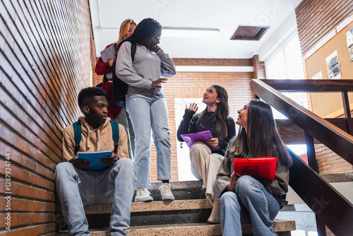 High school students chatting on stairs during break time