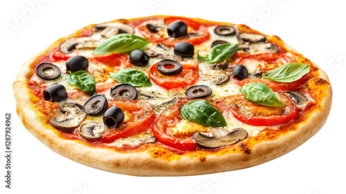 Delicious pizza topped with fresh vegetables and herbs ready to be served at a casual dining location