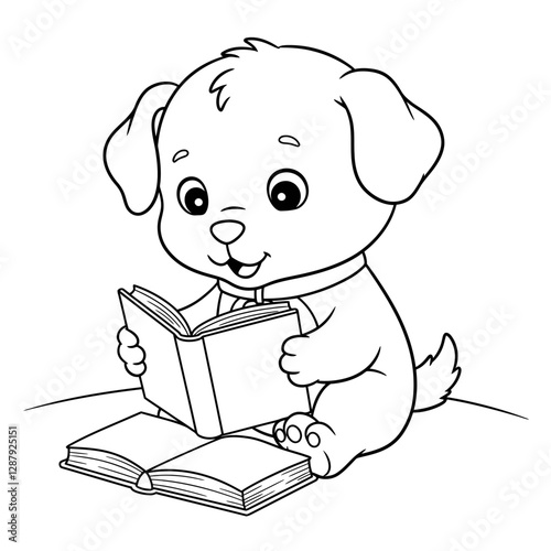 Cute puppy reading a book, perfect for coloring pages.
