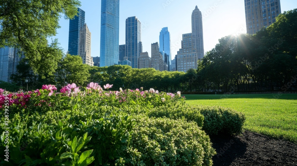 Fototapeta premium Urban park scene, city skyline, morning light, flowers