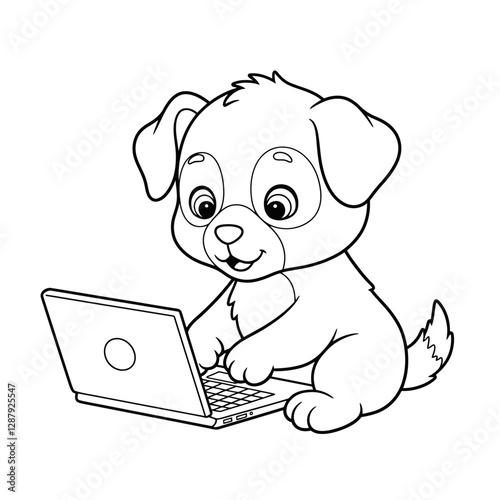 Cute cartoon puppy coloring page using a laptop.