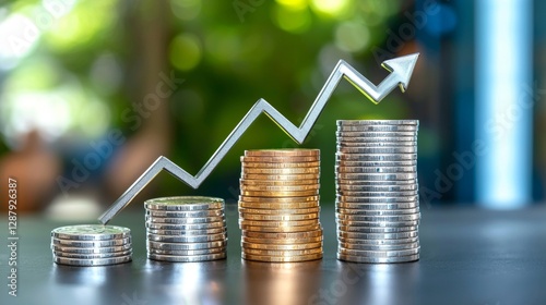 Investing in growth analyzing financial trends with stacked coins business insights indoor environment focused viewpoint economic concepts