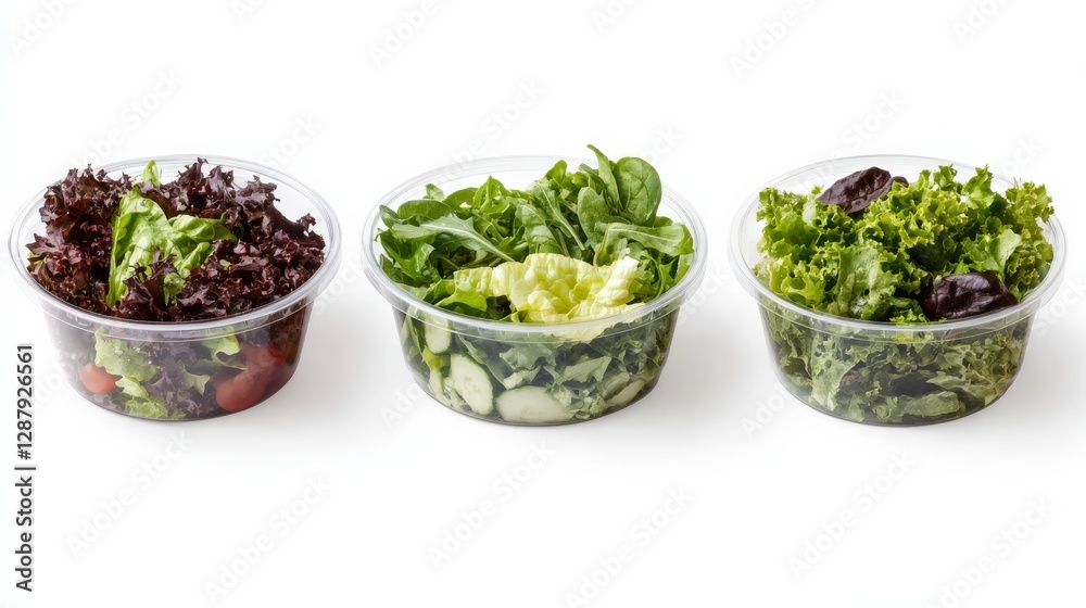 set of Fresh salad in round cardboard container with clear lid, isolated on white background set of Fresh salad in round cardboard container with clear lid, isolated on white background