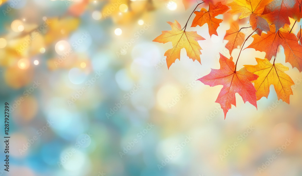 Autumn leaves with bokeh lights create warm, inviting atmosphere Autumn leaves with bokeh lights create warm, inviting atmosphere