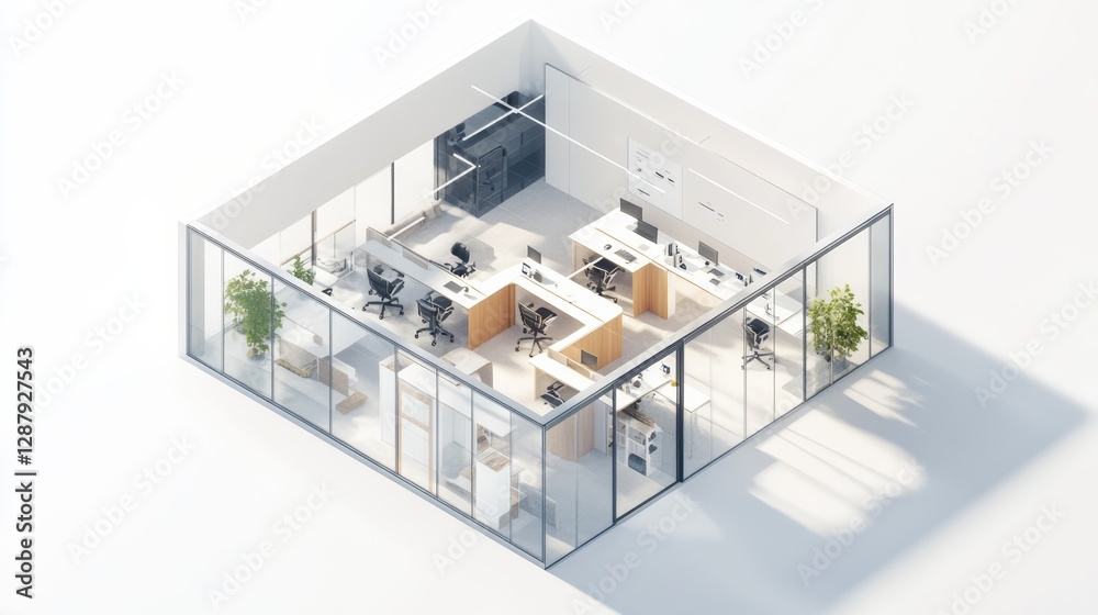 A modern office layout featuring glass walls, organized workspaces, and greenery, promoting a bright and collaborative work environment. A modern office layout featuring glass walls, organized workspaces, and greenery, promoting a bright and collaborative work environment.