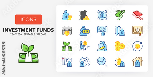 Line icons about investment funds and trading. Contains such icons as bullish concept, bonds, stocks and more. 256x256 Pixel Perfect editable in colors