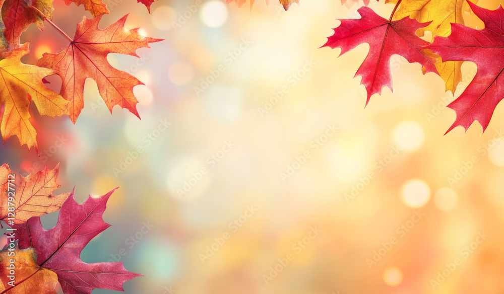 Colorful autumn leaves frame soft bokeh background, evoking warmth Colorful autumn leaves frame soft bokeh background, evoking warmth