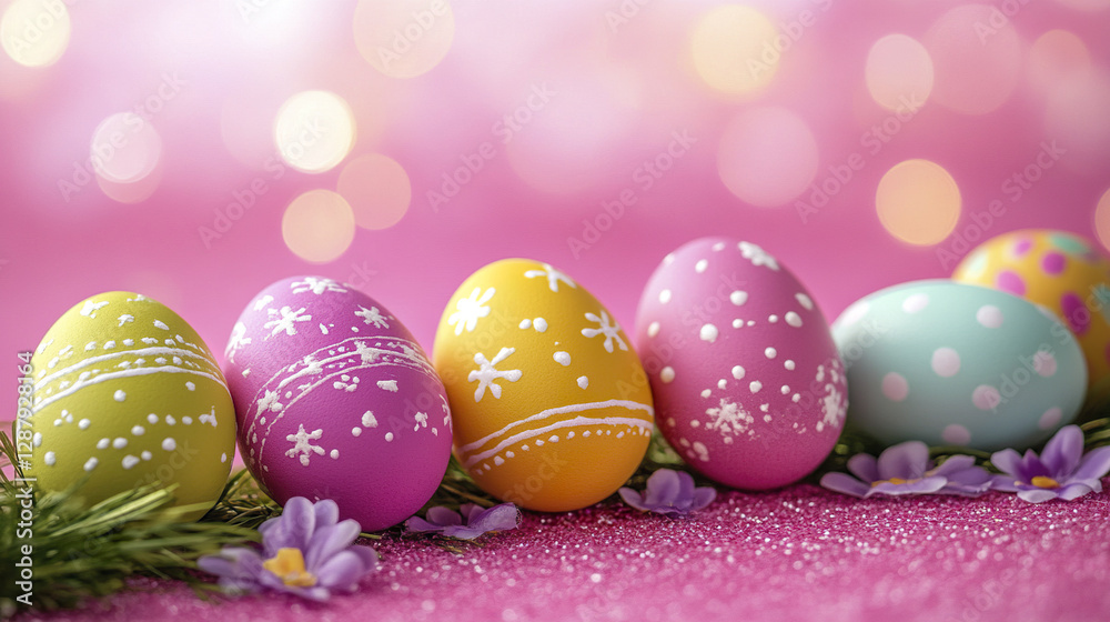 Fototapeta premium Colorful Easter eggs with floral decorations on pink background
