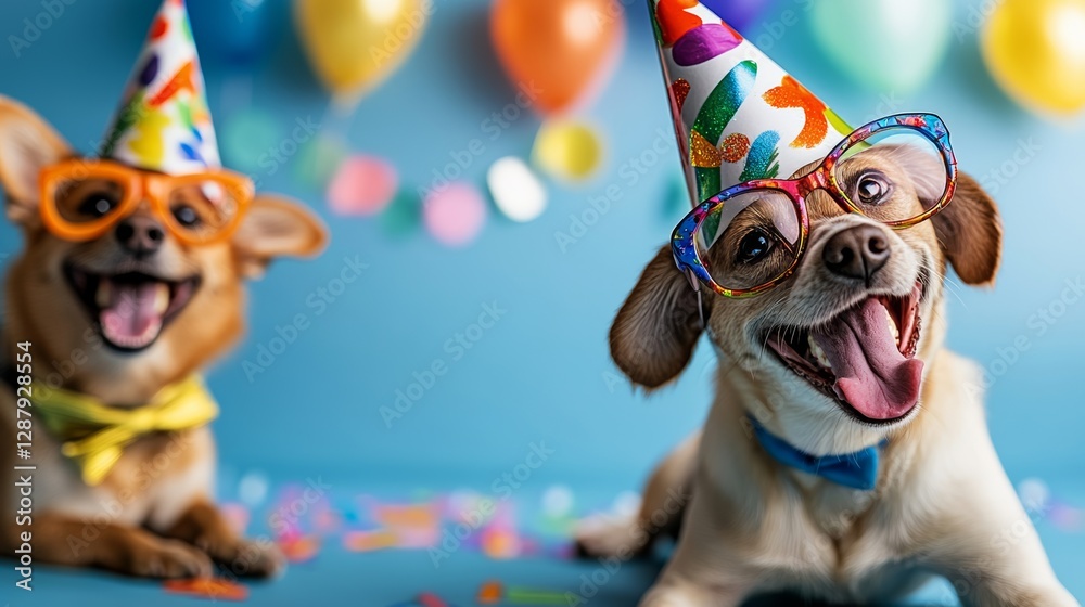 Two dogs wearing party hats and glasses are smiling and looking at the camera. The scene is festive and joyful, with the dogs looking like they are having a great time at a party Two dogs wearing party hats and glasses are smiling and looking at the camera. The scene is festive and joyful, with the dogs looking like they are having a great time at a party