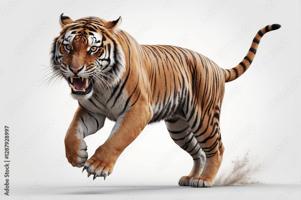 Obraz premium Powerful tiger running, snarling, isolated on white.