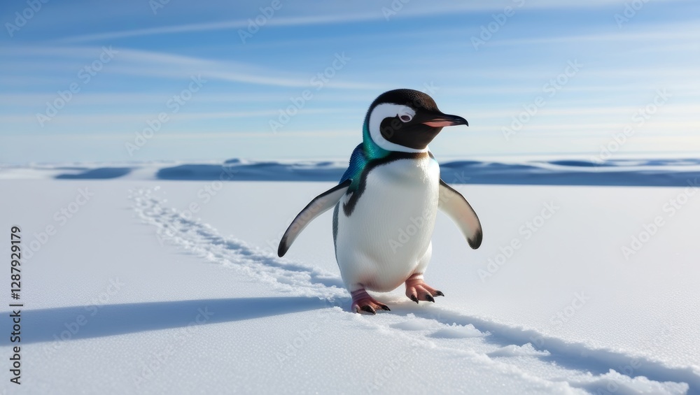 Fototapeta premium little penguin walk on the snow with a blue sky background