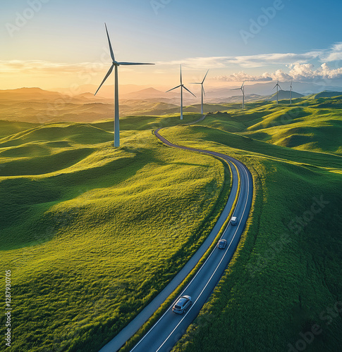 Aerial view of cars driving on winding road through green hills with wind turbines. landscape showcases serene environment, highlighting renewable energy and nature beauty