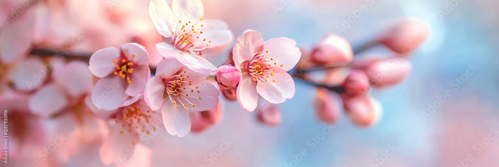 Fototapeta premium Beautiful spring background with blooming cherry blossoms in soft colors