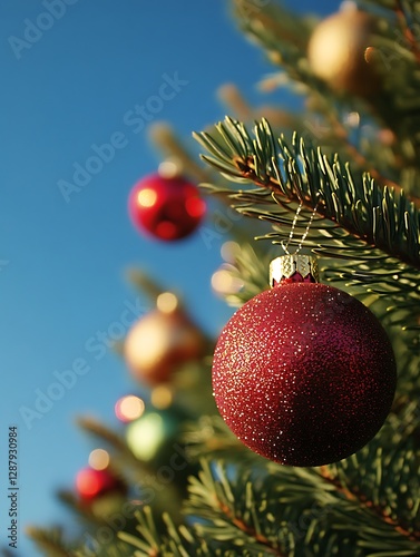 Christmas tree ornament, close-up, blue sky background