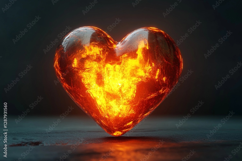 Fototapeta premium Heart glowing in volcanic lava with intricate metallic veins in a dark setting