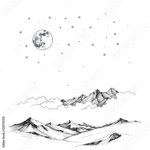 Hand-Drawn Sketch Portraying Moons, a Starry Sky, Rolling Clouds, and Distant Mountains with Dreamy Atmosphere
