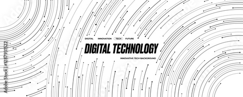 Tech background with circle lines. Abstract modern elegant pattern. Futuristic white web banner with black thin line circuit board on technology bg for presentation. Digital vector illustration.