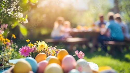 happy young couple in the park,Family of Four at Outdoor Table with Colorful Easter Eggs and Spring Flowers, Young Girl Painting Decorations, Joyous Celebration of Nature, Emotional Connection
