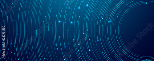 Abstract tech background. Thin line circuit circle wires in blue on technology futuristic bg. Artificial Intelligence and computer innovation backdrop. Digital big data banner. Vector illustration.