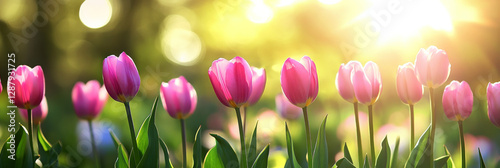 Beautiful spring background with pink tulips in sunlight