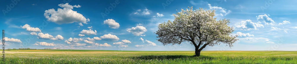 beautiful spring landscape features blooming apple tree under bright sky beautiful spring landscape features blooming apple tree under bright sky