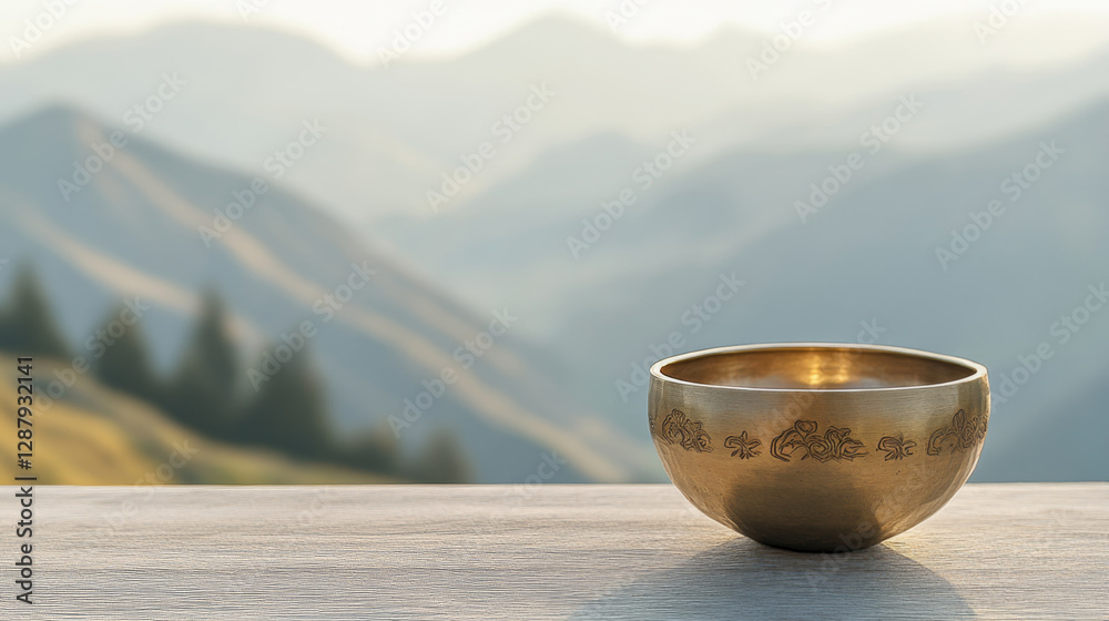 Brass Singing Bowl on Wooden Table with Mountain View Brass Singing Bowl on Wooden Table with Mountain View