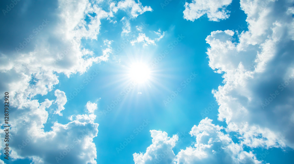Bright sun shining through fluffy white clouds in blue sky Bright sun shining through fluffy white clouds in blue sky