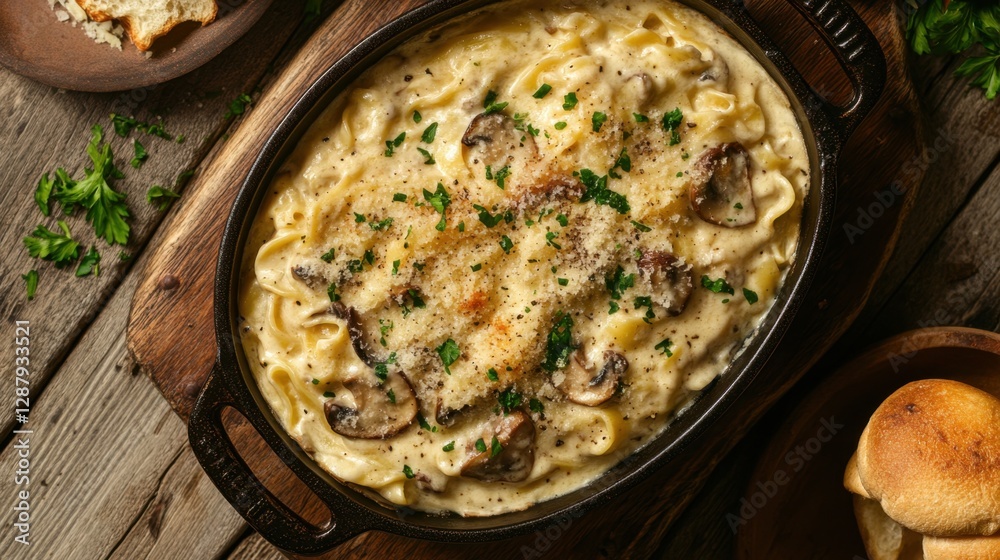Creamy fettuccine with saut mushrooms in a parmesan sauce, beautifully arranged on a rustic wooden table. Creamy fettuccine with saut mushrooms in a parmesan sauce, beautifully arranged on a rustic wooden table.