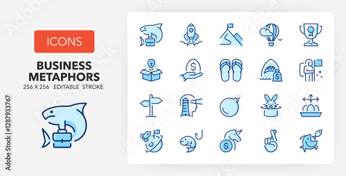 Line icons about business metaphors. Contains such icons as think outside box, diversification, new horizons and more. 256x256 Pixel Perfect editable in two colors