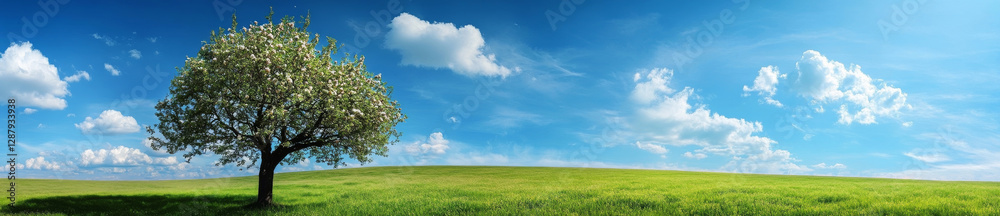 panoramic view of blooming apple tree on green field under blue sky panoramic view of blooming apple tree on green field under blue sky