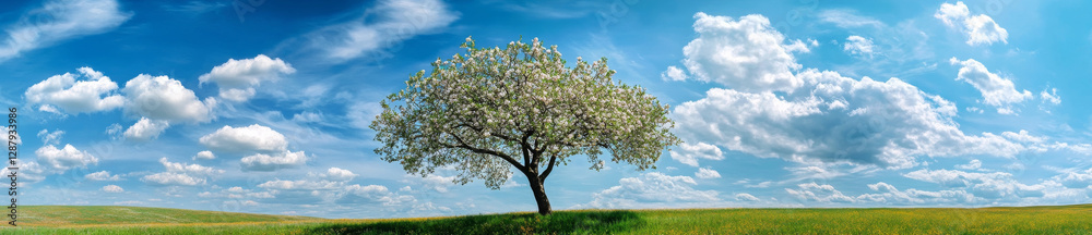 panoramic view of blooming apple tree under bright blue sky panoramic view of blooming apple tree under bright blue sky