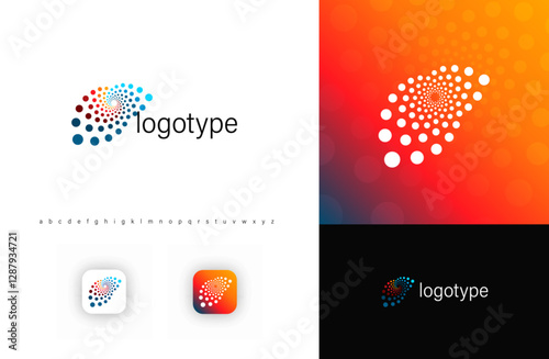 Abstract colorful spiral dot logo representing data flow, innovation, technology. Ideal for AI, analytics, digital communication, scientific research. Vector logo template