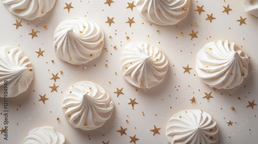 Delicate meringue cookies with gold stars scattered around a blank page, perfect for branding, invitation designs, or sweet-themed content. Delicate meringue cookies with gold stars scattered around a blank page, perfect for branding, invitation designs, or sweet-themed content.