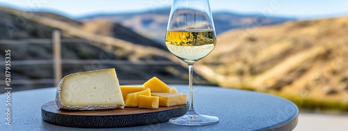 Serene hillside setting with a glass of white wine and assorted cheeses, perfect for a relaxing afternoon.  The picturesque landsc