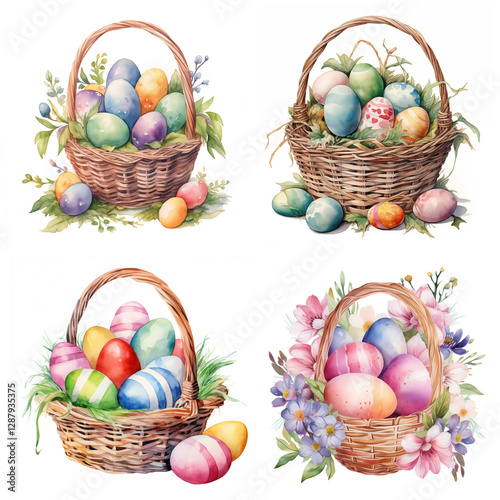 Easter basket with eggs and beautiful flowers isolated on a white background. Colorful watercolor set of four Eater baskets. Cute basket decorated with flowers and eggs.