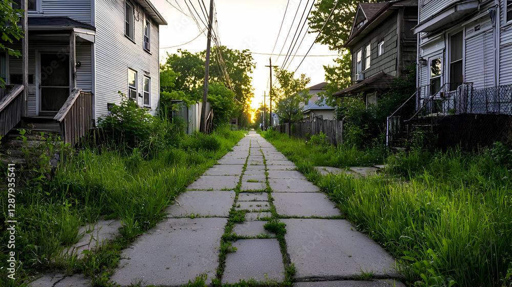 Overgrown Alleyway at Sunset in Residential Area Overgrown Alleyway at Sunset in Residential Area