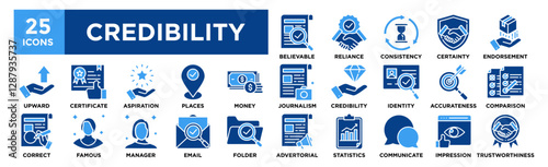 Credibility icon collection set. Containing design Believable, Reliance, Consistency, Certainty, Endorsement	