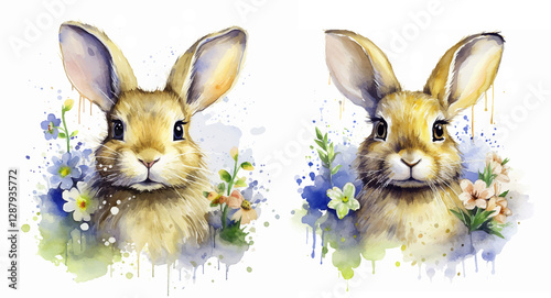 Watercolor bunny with flowers isolated on a white background. Set of 2 rabbits illustration for greeting card and more. Colorful Easter bunny art. Postcard. Happy Easter card. Adorable rabbit.