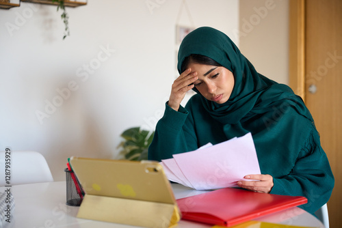 Stressed muslim businesswoman reading documents at home office