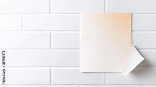 Wallpaper Mural Blank paper on white brick wall background with curled corner, showcasing minimalistic design. Torontodigital.ca