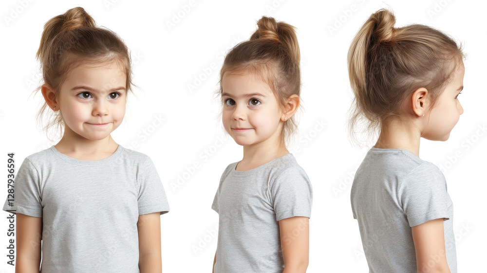 Sweet young girl with ponytail poses for a series of portraits in a simple gray shirt Sweet young girl with ponytail poses for a series of portraits in a simple gray shirt