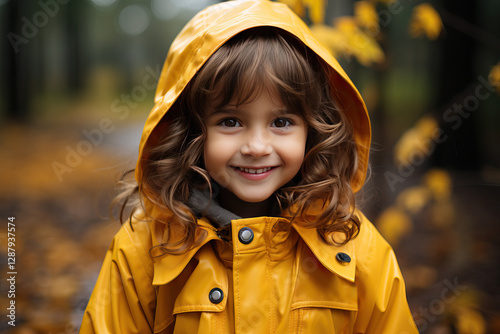 A little girl in a yellow raincoat in the autumn forest, a child's yellow raincoat with a hood. photo