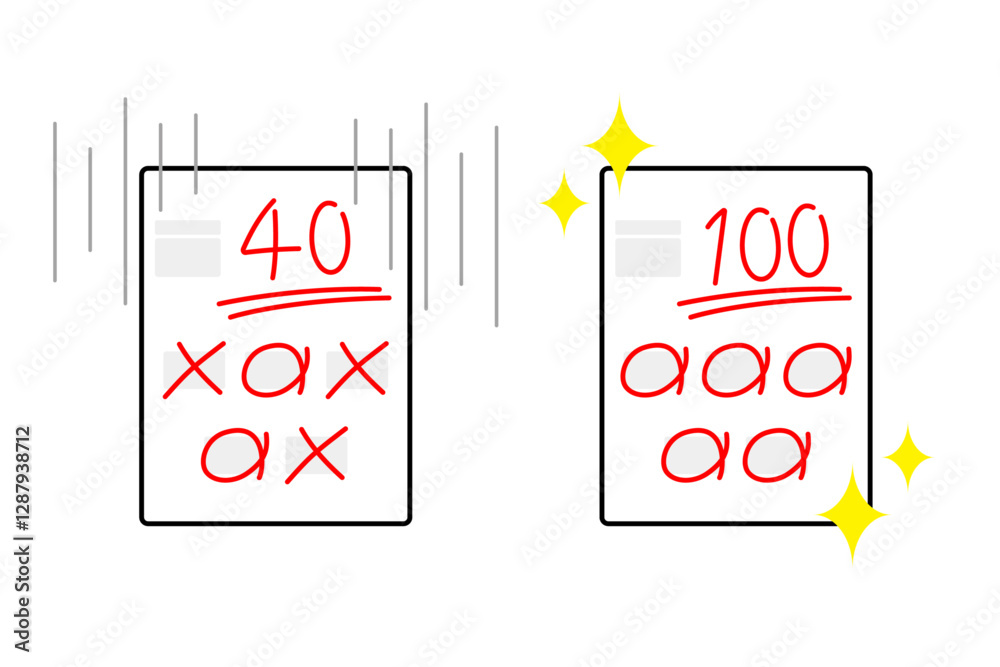 Φωτογραφία 効果線の入った40点のイラストとキラキラが描かれた100点のテストのイメージイラスト