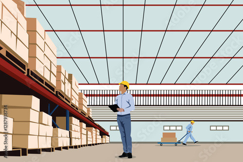 Retail warehouse full of shelves with goods in cardboard boxes, workers scanning and sorting packages, moving Inventory with pallet trucks and forklifts. Product distribution logistics center.