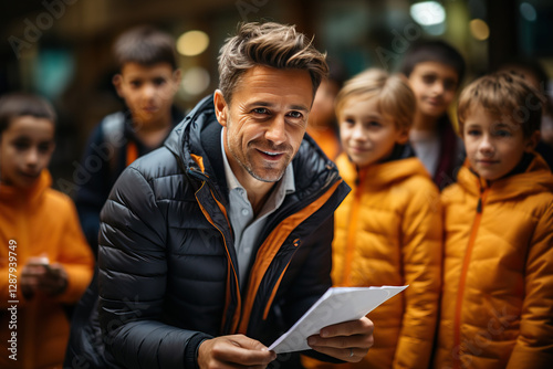 A young male teacher among students.