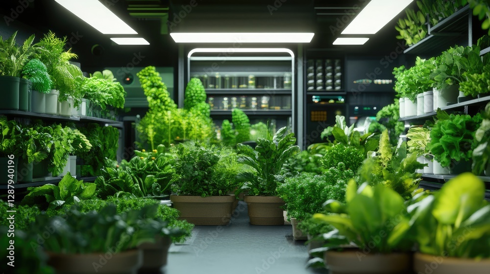 Fototapeta premium Lush Indoor Garden with Vibrant Green Plants and Fresh Vegetation